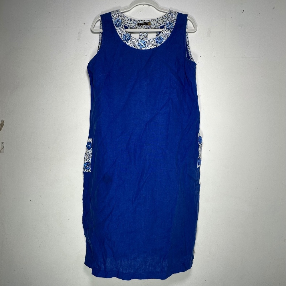 Coco Line Royal Blue Floral Trim Sleeveless Shift Dress T-Back Size 44